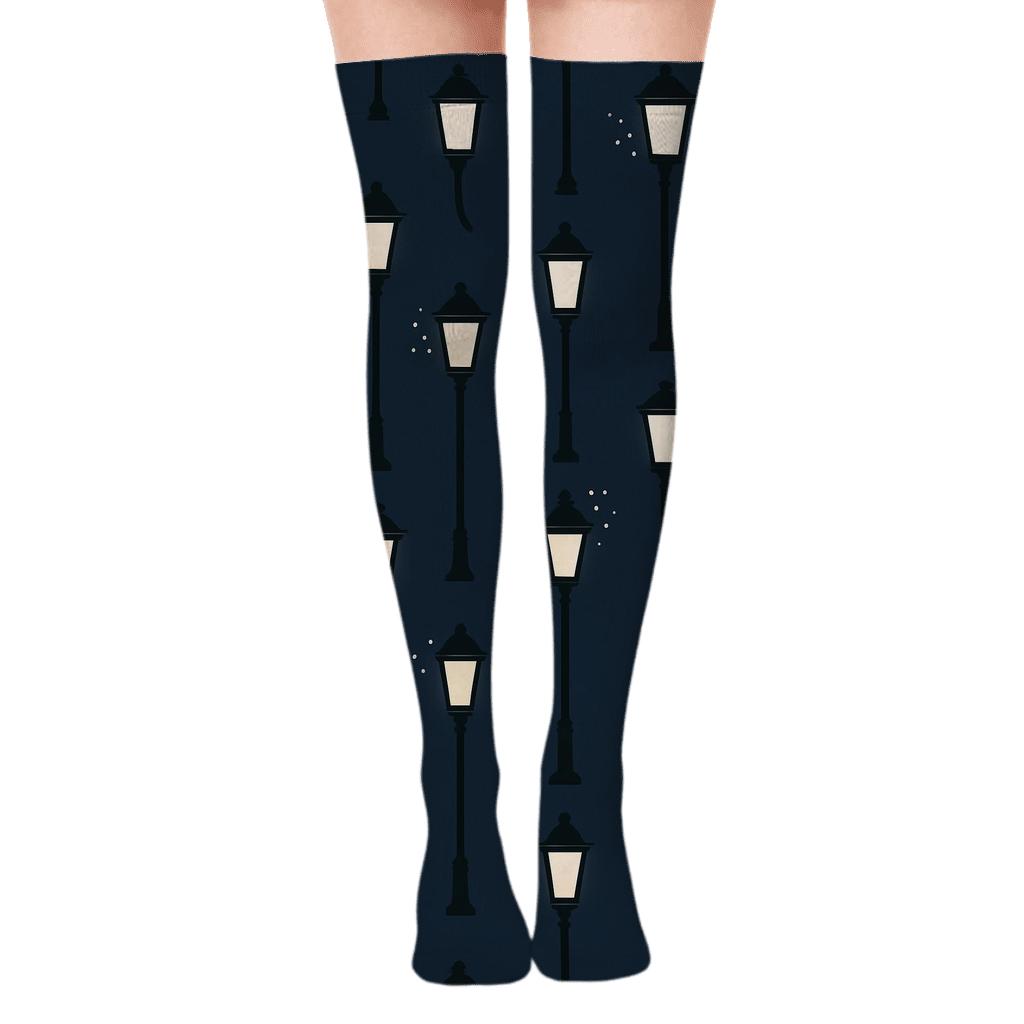 Midnight Blue Lattice Of Street Lantern Silhouettes unique graphic over-the-knee socks