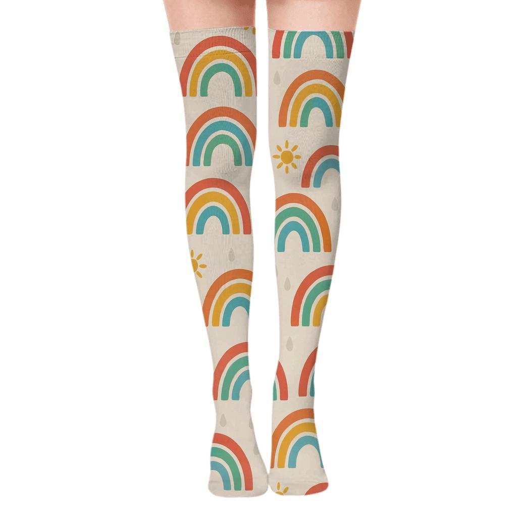 Minimal Rainbow Arc Tile With Sunbeam Dots On Warm Ivory premium cozy over-the-knee socks