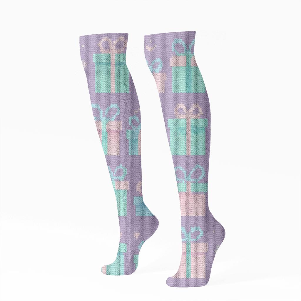 Pastel Knit Illusion Pattern With Presents comfortable cotton knee-high socks