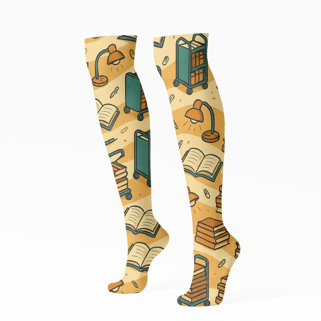 Library Cart Wave Librarian Pattern premium sports knee-high socks