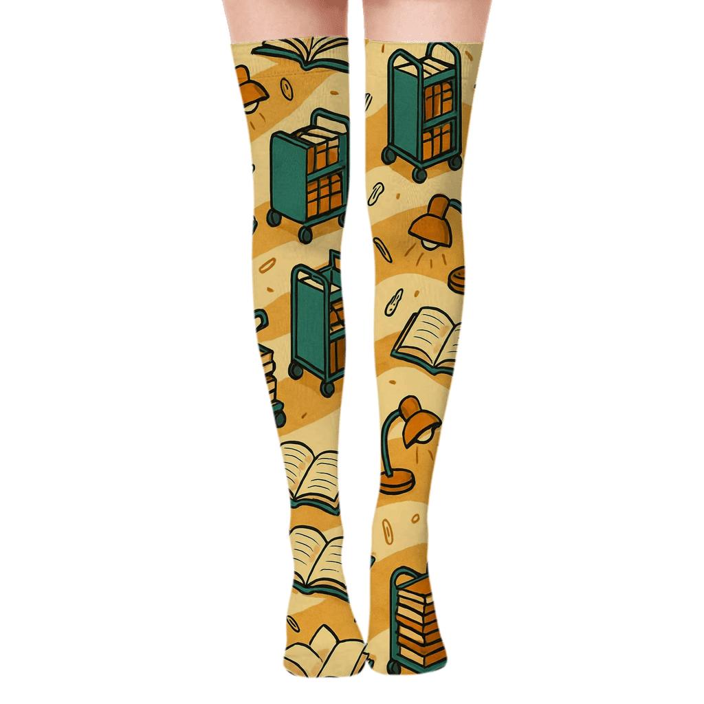 Library Cart Wave Librarian Pattern soft everyday over-the-knee socks