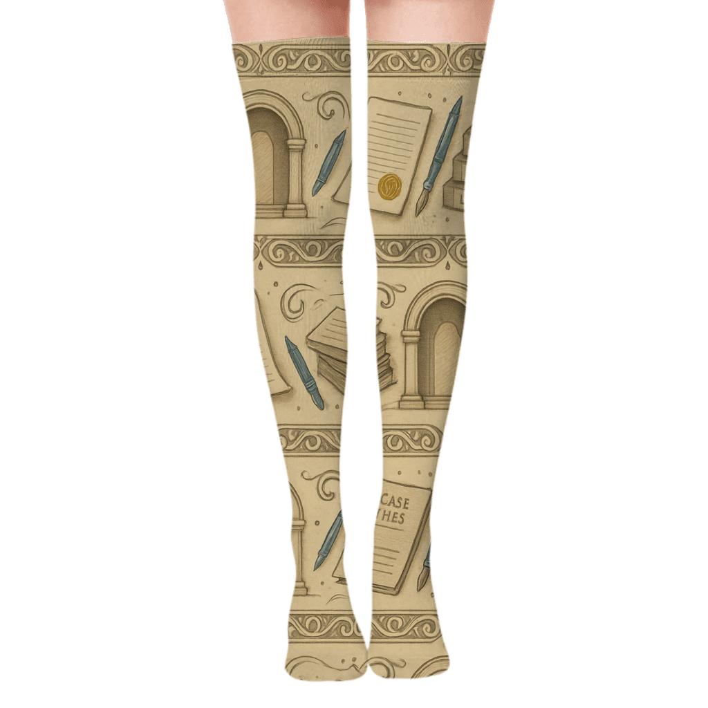 Courtroom Scrollwork Pattern With Paralegal Motifs premium cozy over-the-knee socks