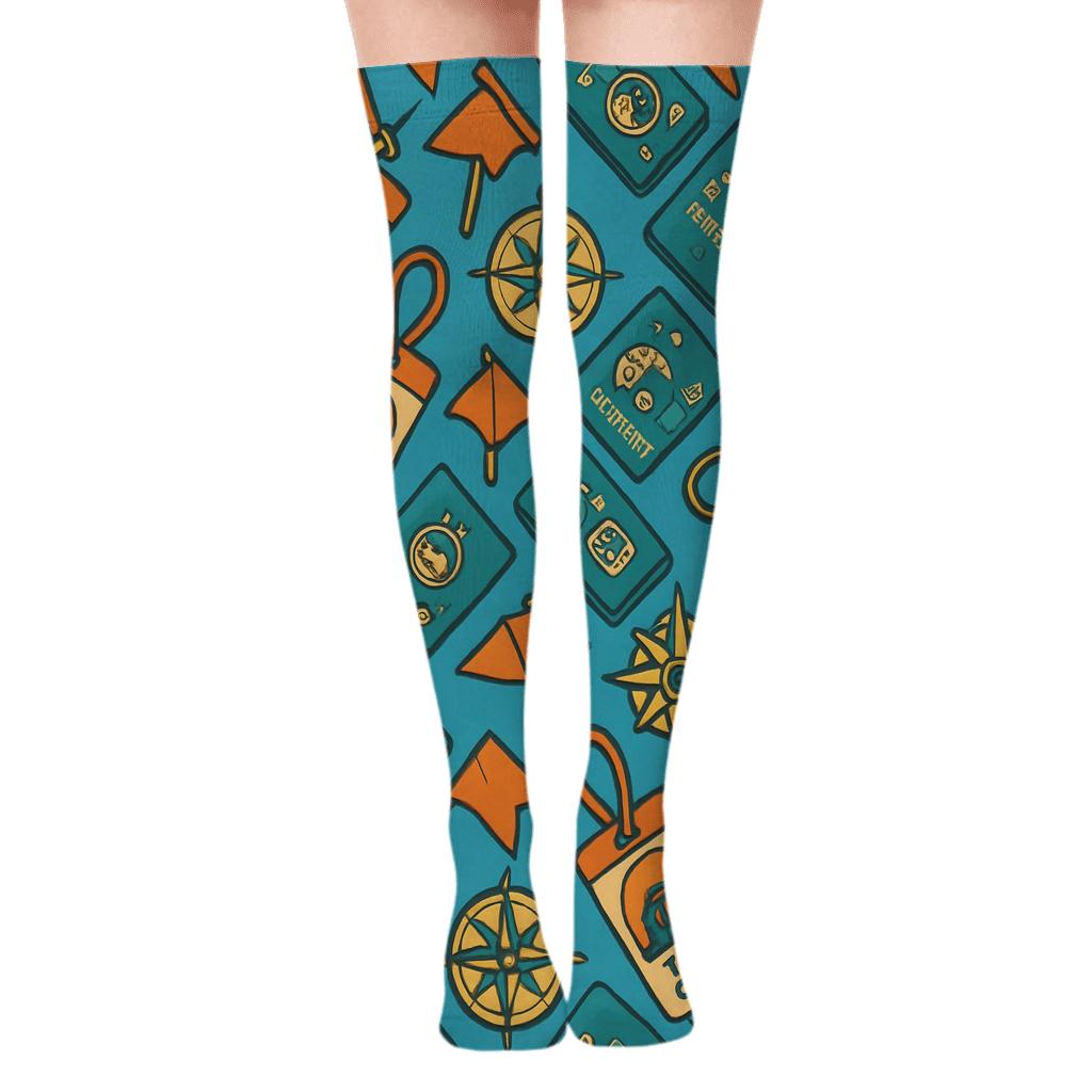 City Lanyard Icons With Tour Guide Compass Rhythm comfortable cotton over-the-knee socks