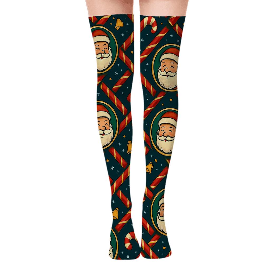 Candy Cane Lattice With Santa Claus Cameos unique graphic over-the-knee socks