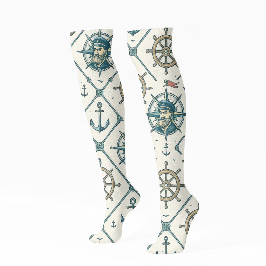 Mariner Lattice With Ship Captain Compass Roses soft everyday knee-high socks