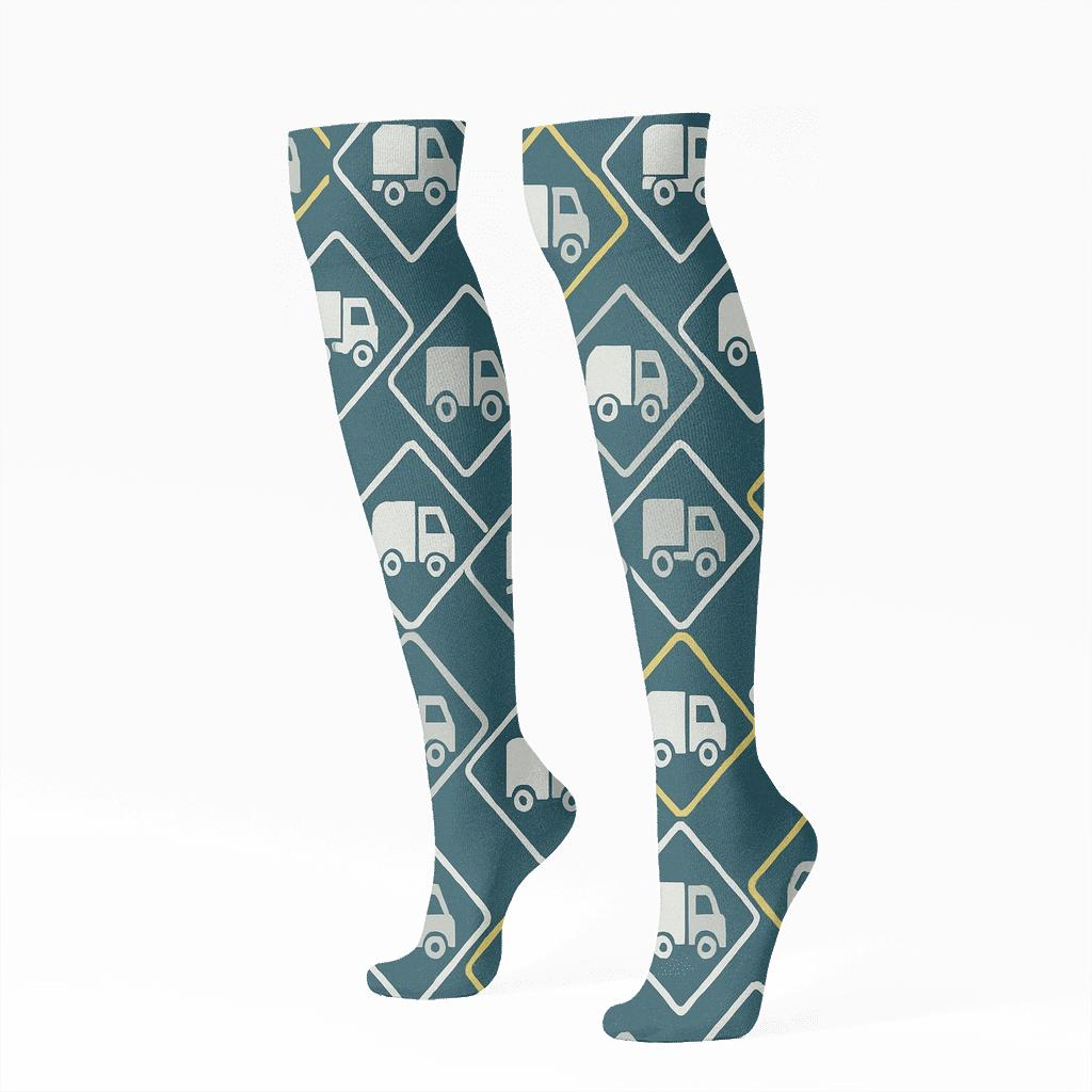 Road Sign Lattice With Truck Driver Cab Icons soft everyday knee-high socks