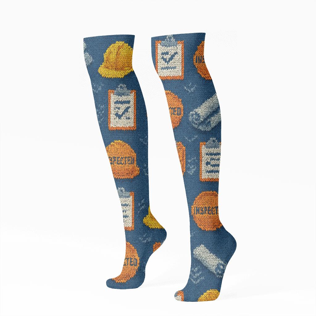 Knitted Blueprint Illusion For Building Inspector unique graphic knee-high socks