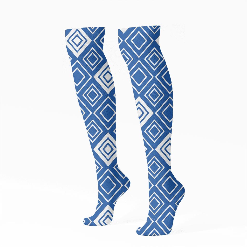 Cobalt And White Diagonal Diamond Check With Concentric Square Insets comfortable cotton knee-high socks