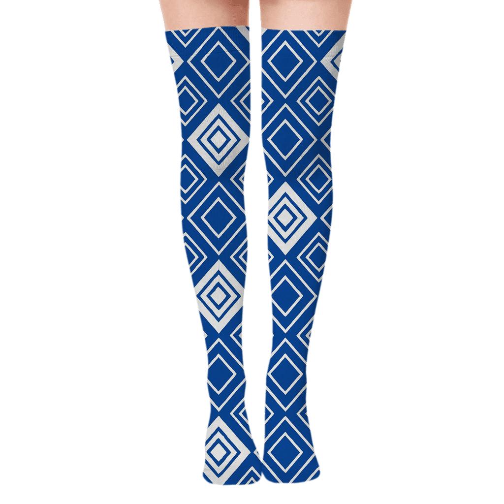 Cobalt And White Diagonal Diamond Check With Concentric Square Insets comfortable cotton over-the-knee socks