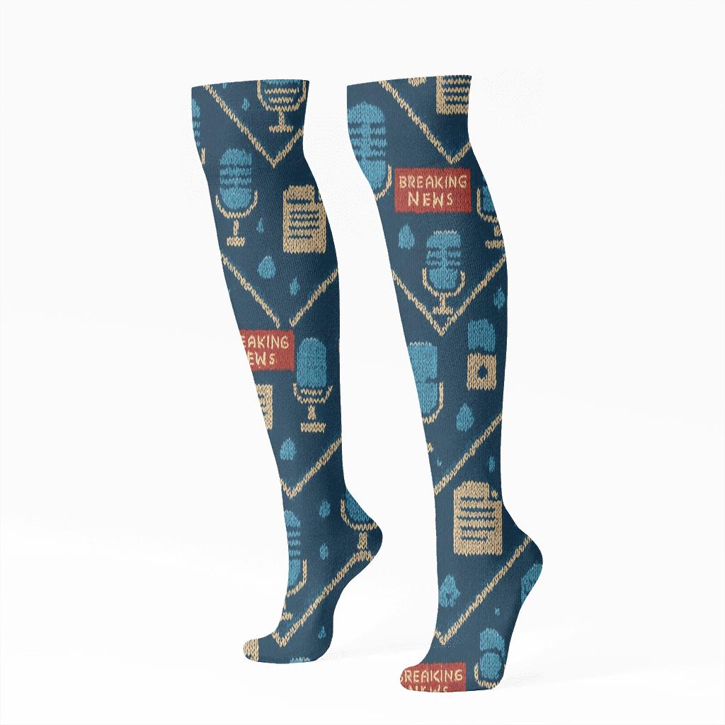 Reporter Microphone Chevron Knit Pattern trendy patterned knee-high socks