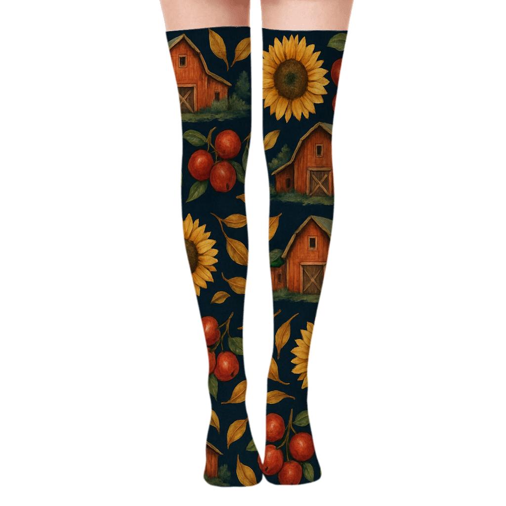 Watercolor Harvest Barn Stripe Band With Falling Leaves On Navy Blue Background custom over-the-knee socks