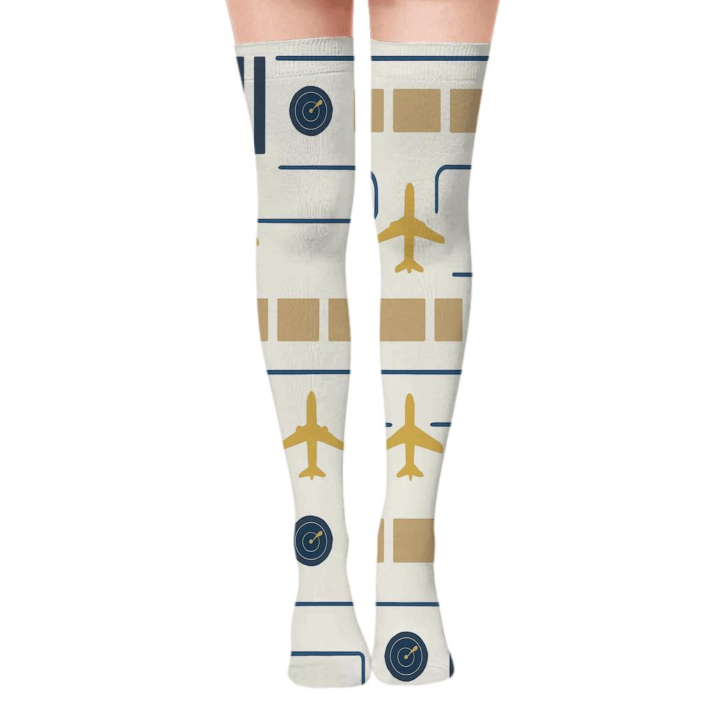 Runway Bands With Air Traffic Controller Flight Path Grid designer print over-the-knee socks