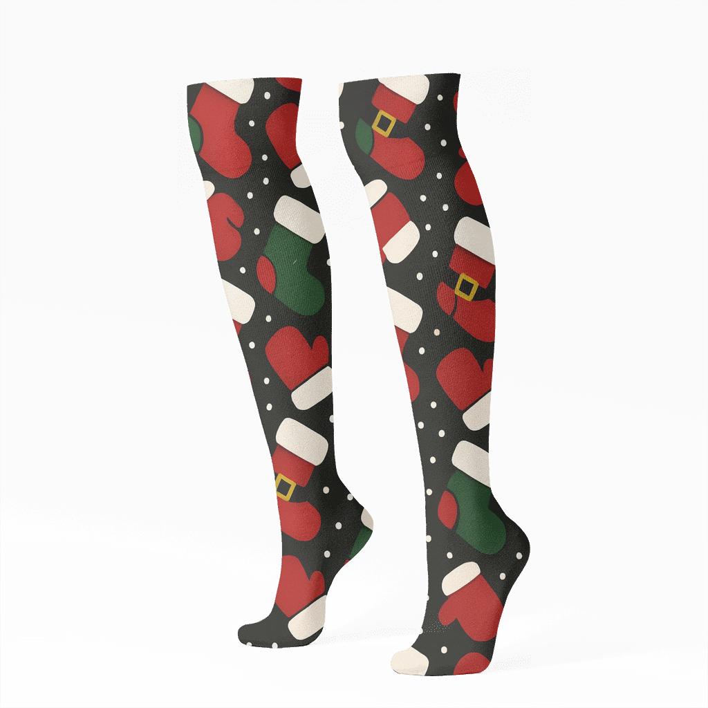 Santa Stocking Chevron On Xmas Black Background custom knee-high socks