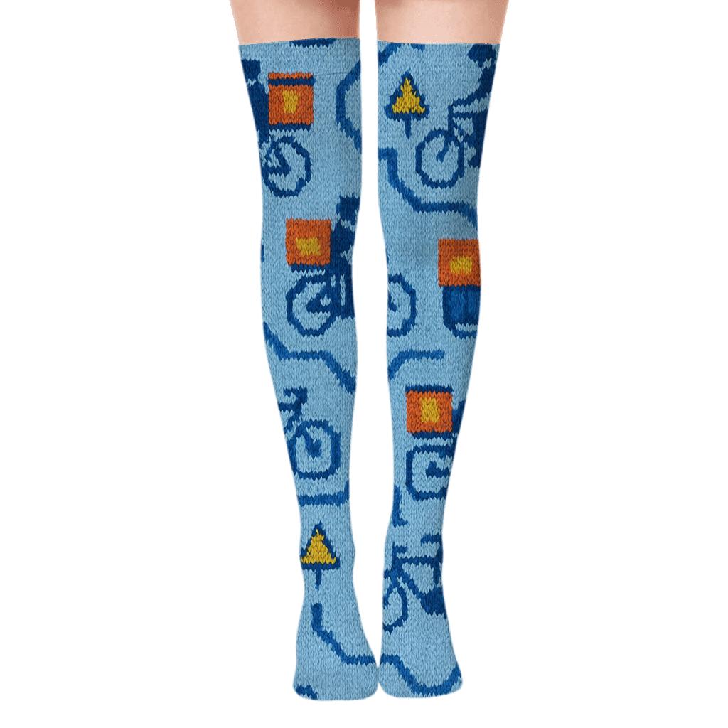Courier Route Quilt Knit On Sky Blue comfortable cotton over-the-knee socks