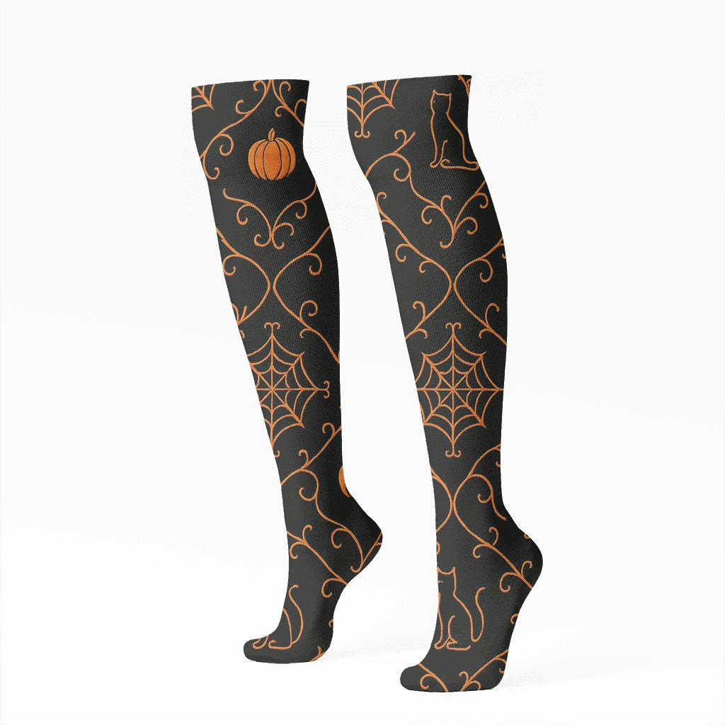 Pumpkin Vine Lattice And Spider Web Corners On Black Background custom knee-high socks