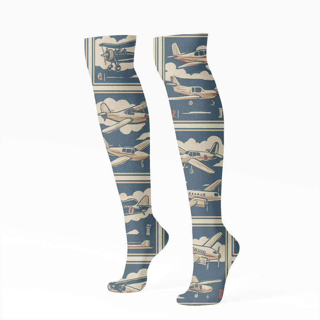 Vintage Aviation Airplane Poster Tiles trendy patterned knee-high socks
