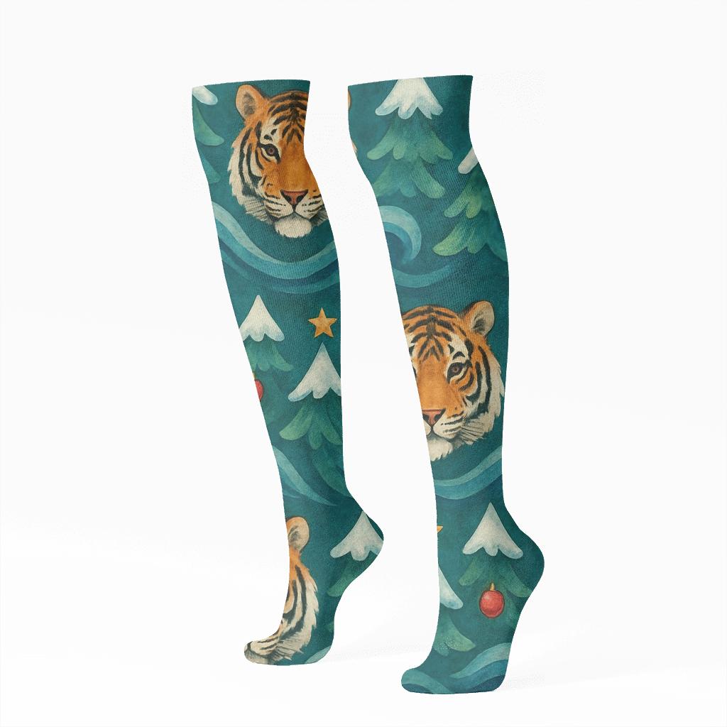 Tiger Stripe Christmas Tree Wave On Teal Background personalized knee-high socks