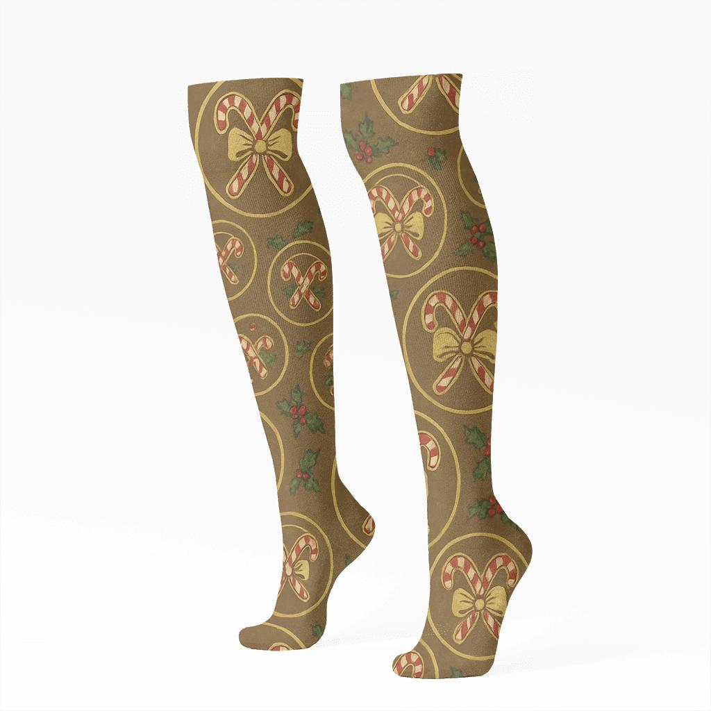 Candy Canes Crossed Medallion Tiles In Gold unique graphic knee-high socks
