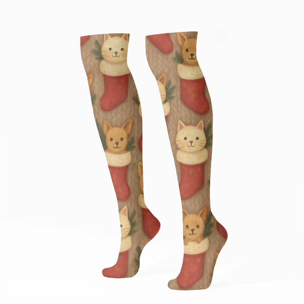 Holiday Pets In Stockings With Mirrored Pair Design comfortable cotton knee-high socks