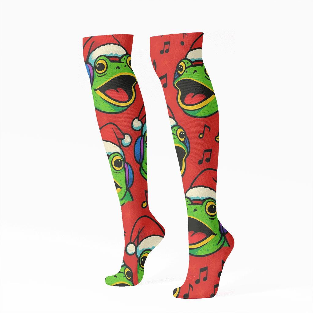Frog Caroler Close Up Portrait Tiles On Red Background soft everyday knee-high socks