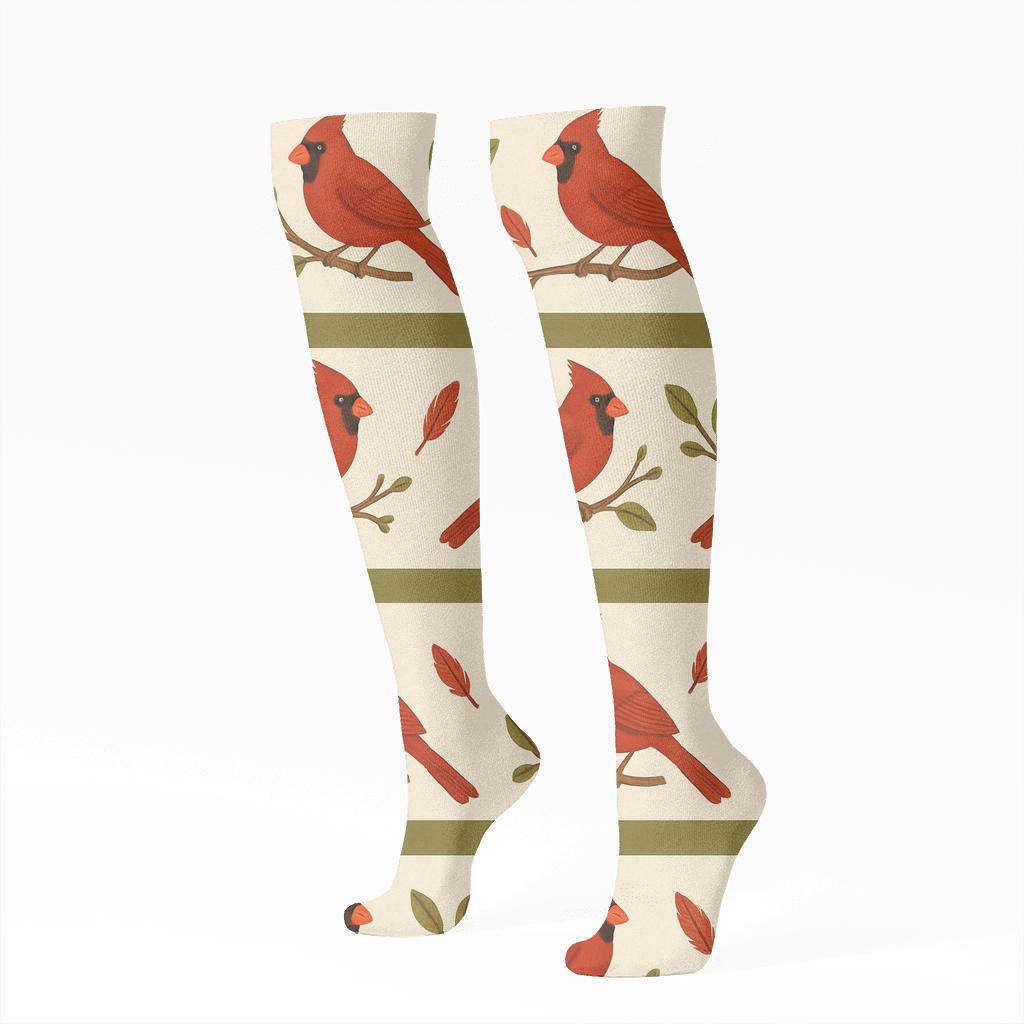 Cardinal Branch Banded Borders On Warm Cream Background premium sports knee-high socks