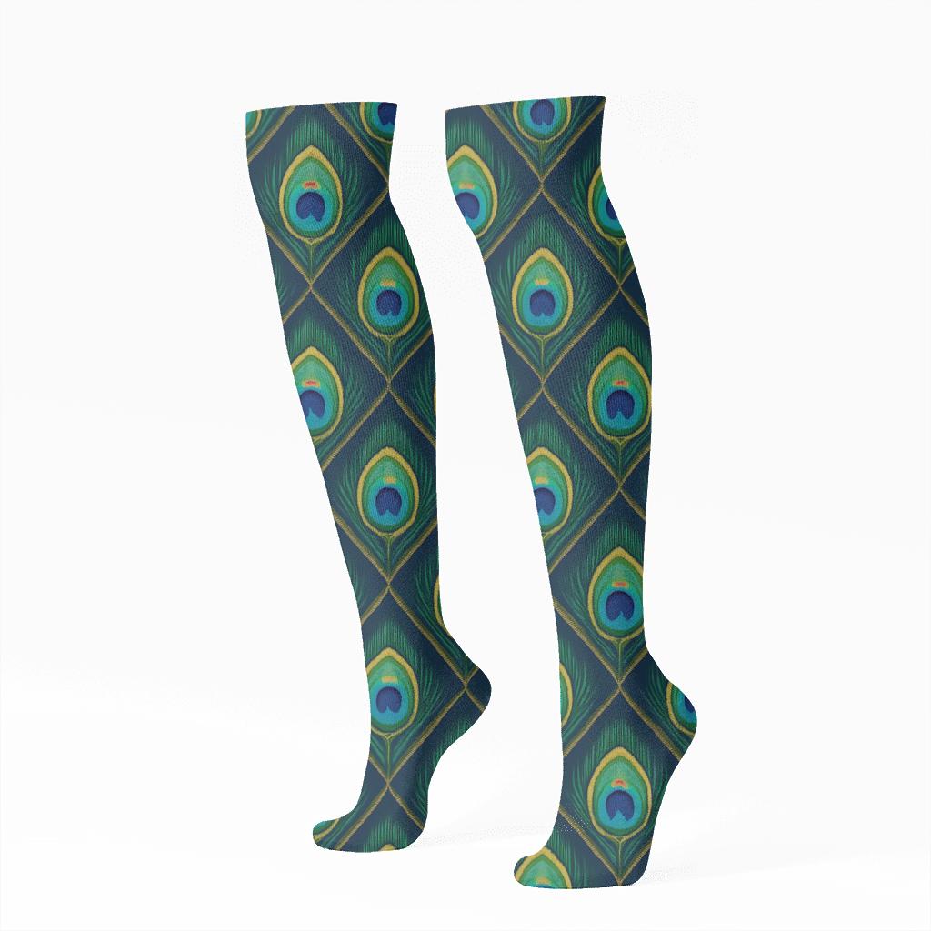 Peacock Tail Eye Chevron Progression On Deep Navy Background comfortable cotton knee-high socks