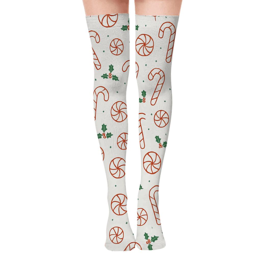 Peppermint Blueprint Grid With Candy Canes soft everyday over-the-knee socks