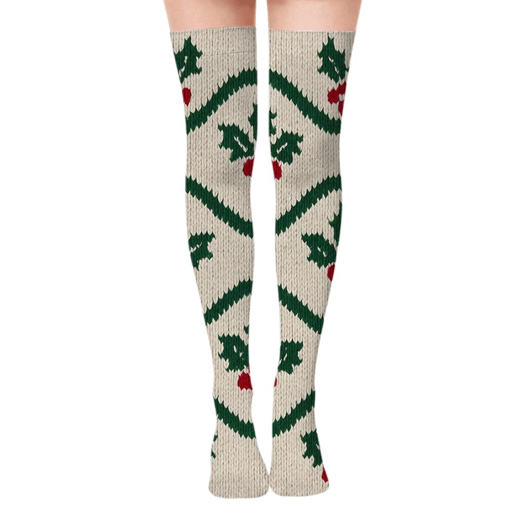 Knitted Illusion Christmas Holly Wave On White Background premium cozy over-the-knee socks
