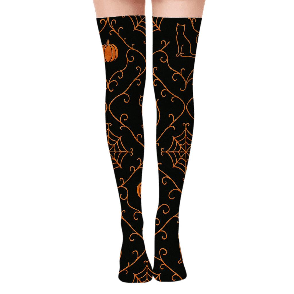 Pumpkin Vine Lattice And Spider Web Corners On Black Background personalized over-the-knee socks