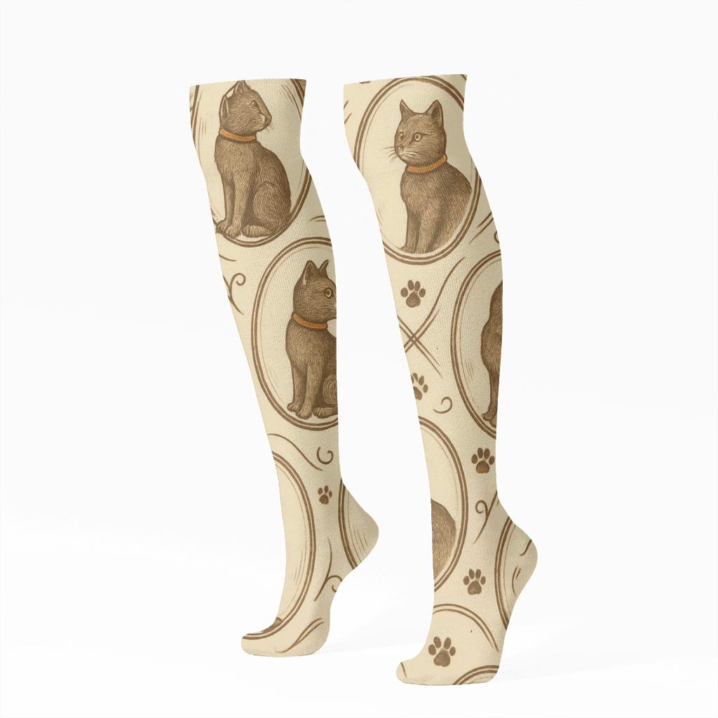 Vintage Naturalist Poster Look With Cat Silhouette Medallions personalized knee-high socks
