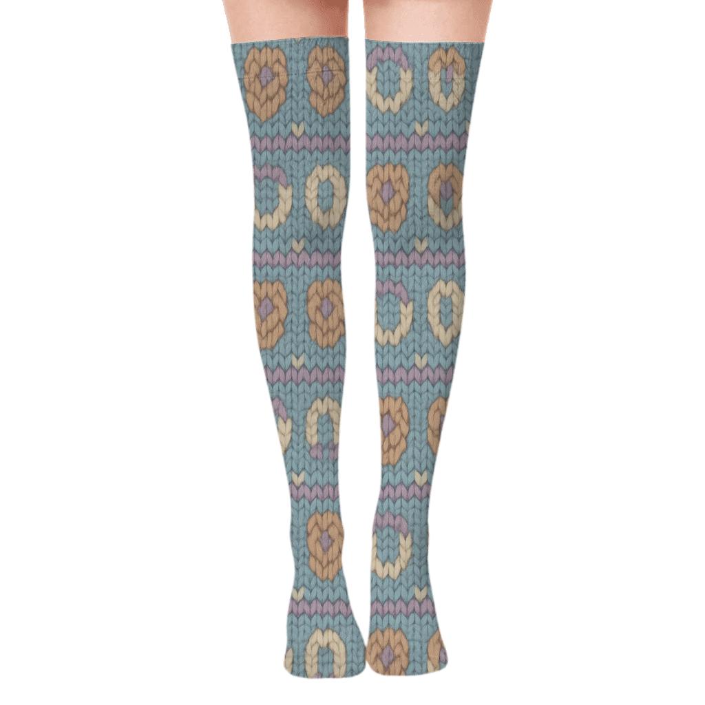 Knitted Bands With Pony Tails On Pastel Blue unique graphic over-the-knee socks