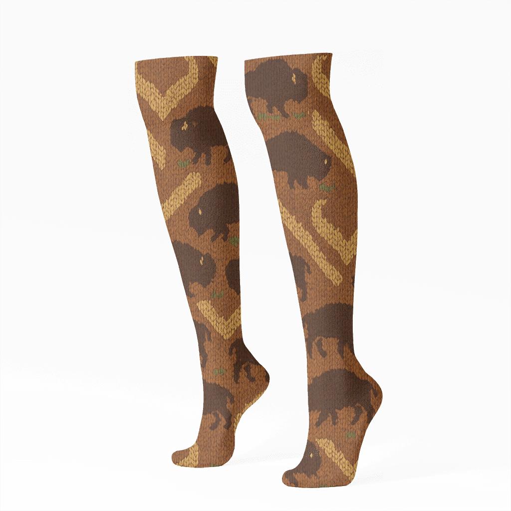 Knitted Illusion Bison Horn Chevron On Golden Brown soft everyday knee-high socks
