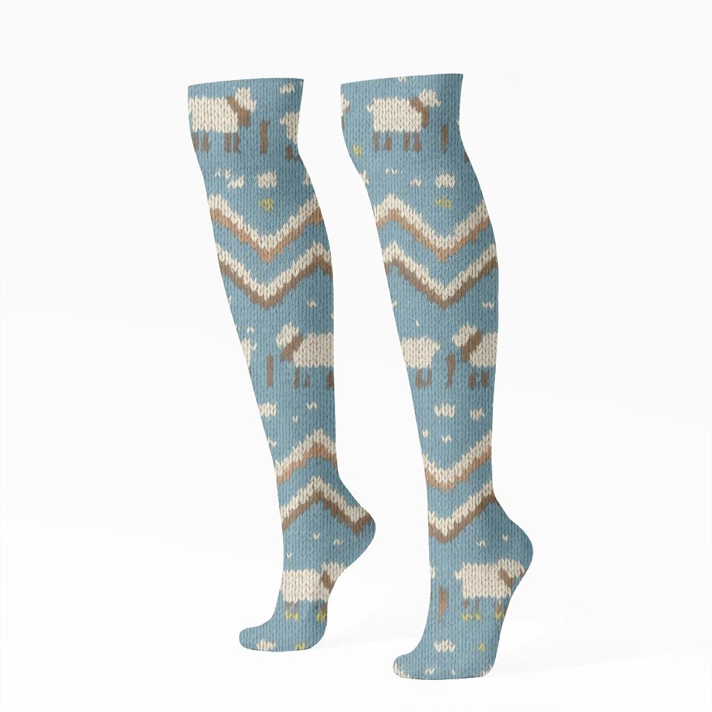 Rolling Hills With Sheep Motif Bands designer print knee-high socks