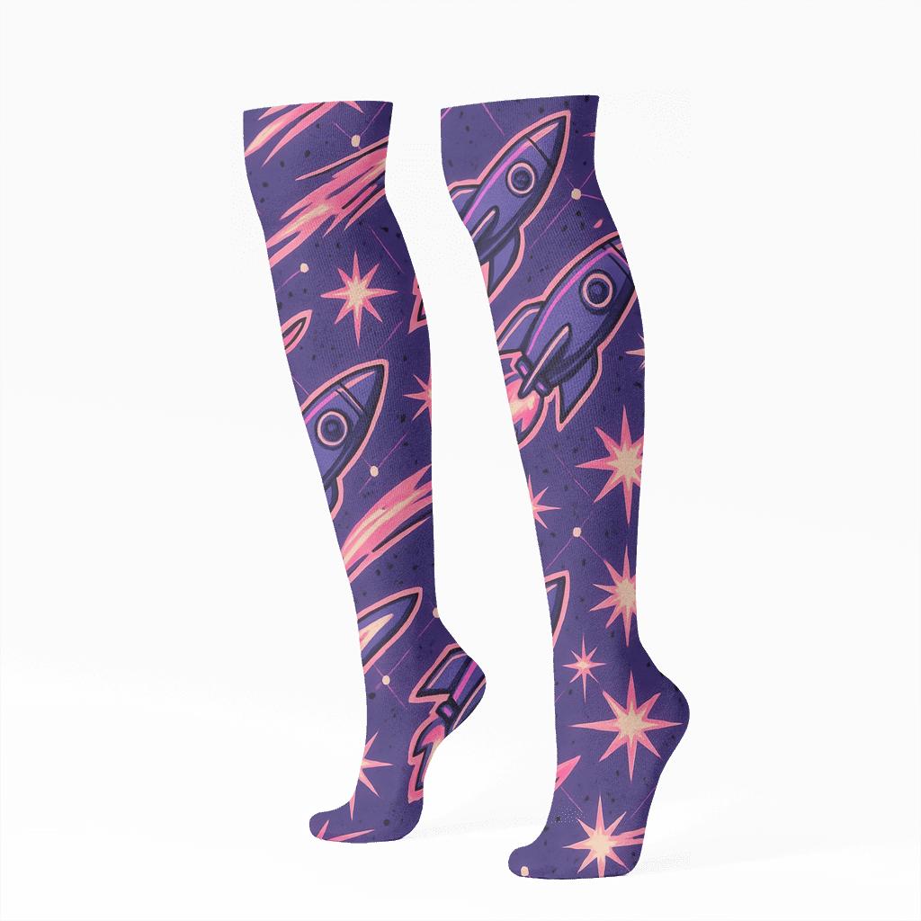 Retro Sci Fi Rocket Chevron Constellation Grid On Cosmic Purple Background stylish athletic knee-high socks