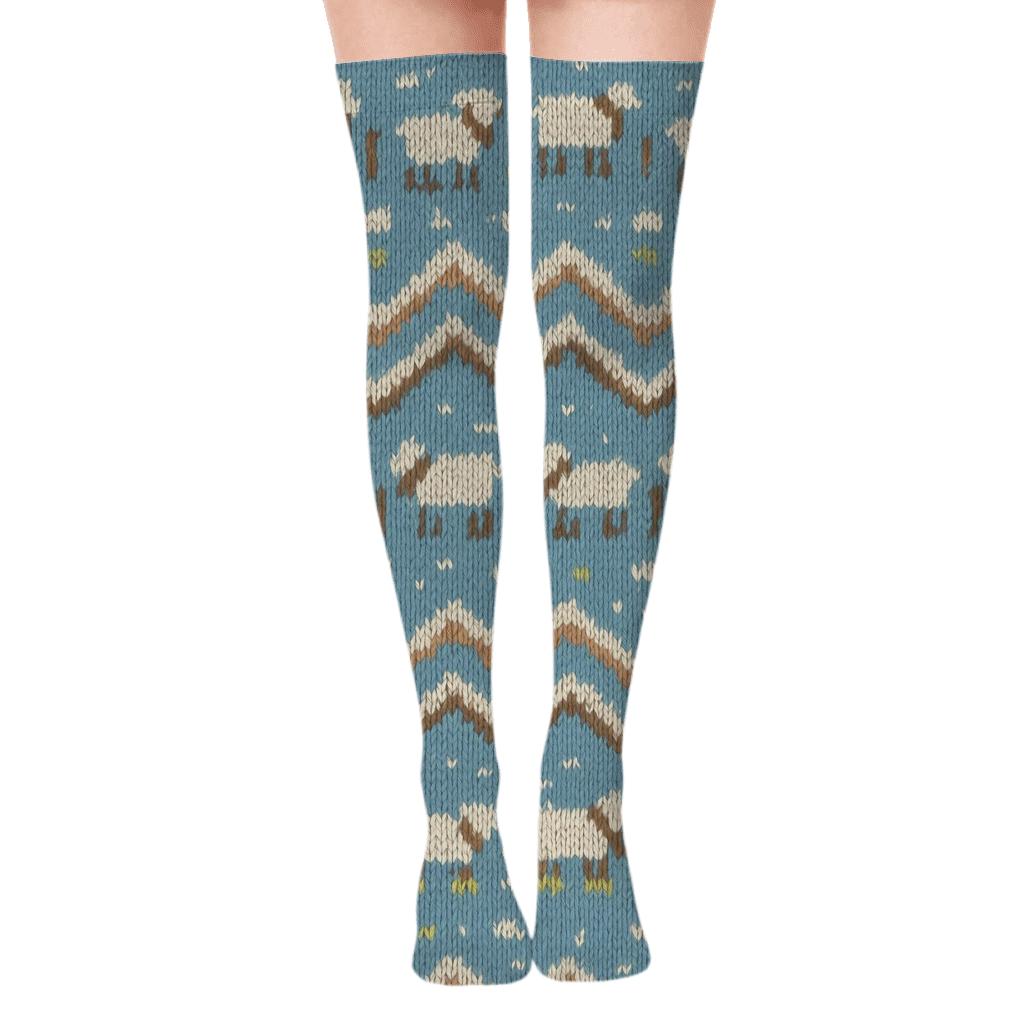 Rolling Hills With Sheep Motif Bands soft everyday over-the-knee socks