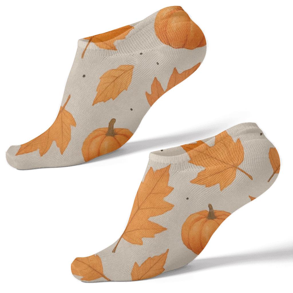 Orange Autumn Leaf And Mini Pumpkin Scatter On Proper Neutral Background trendy patterned ankle socks