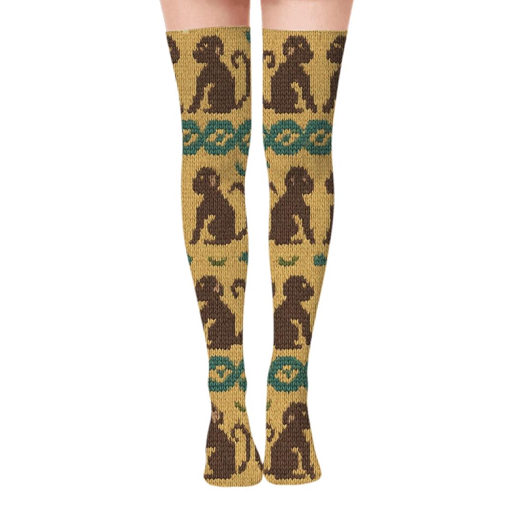 Knitted Pattern Illusion With Monkey Silhouettes custom over-the-knee socks