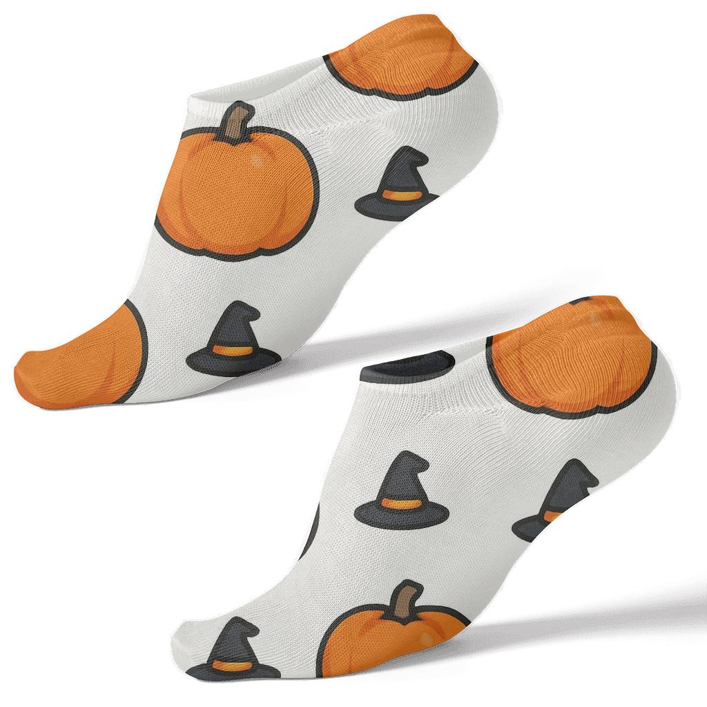 Orange Witch Hat And Pumpkin Polka Tile On White Background trendy patterned ankle socks