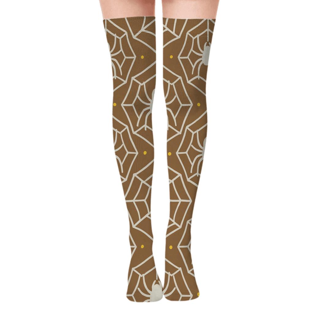 Botanical Web Tiles With Spider Silhouette designer print over-the-knee socks