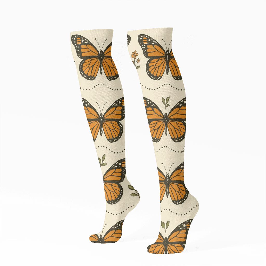 Vintage Monarch Migration Parade Border On Ivory Background unique graphic knee-high socks
