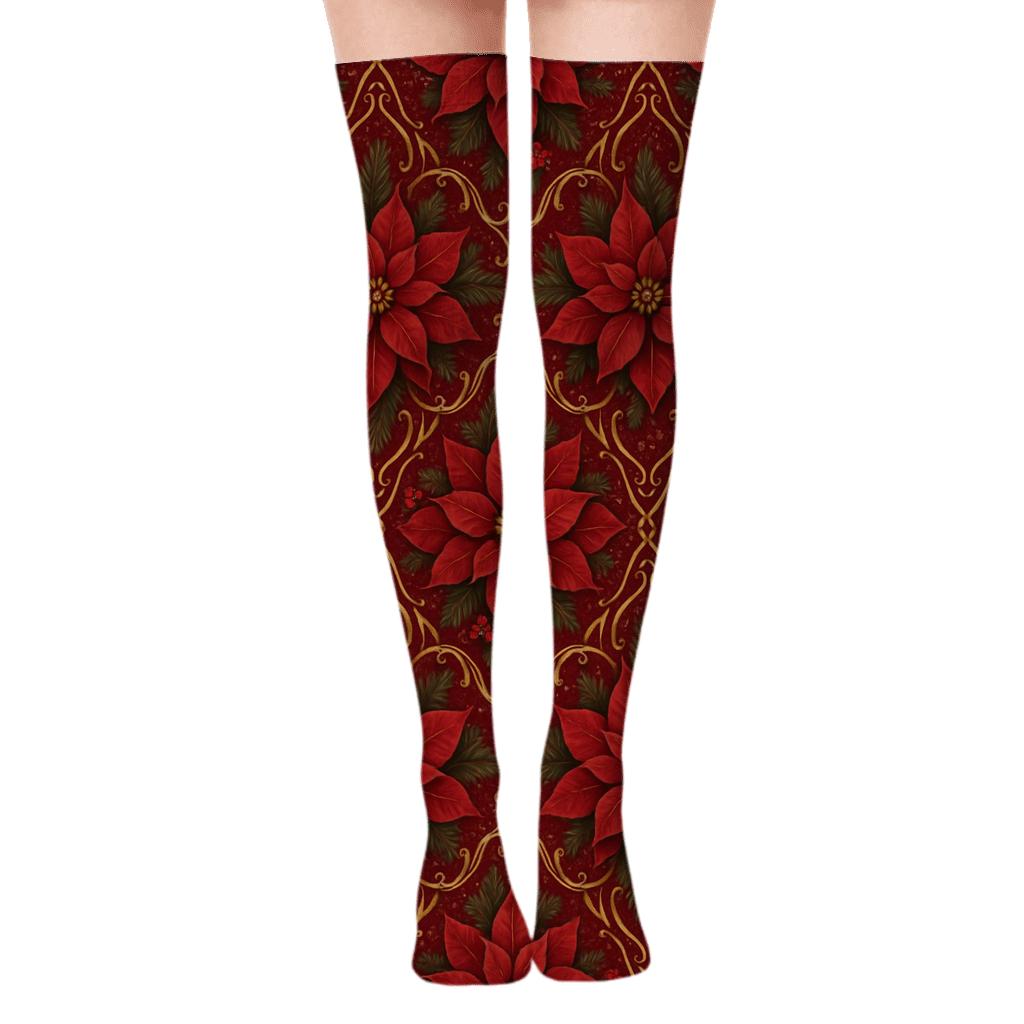 Gold Filigree Poinsettia Lattice On Deep Crimson soft everyday over-the-knee socks