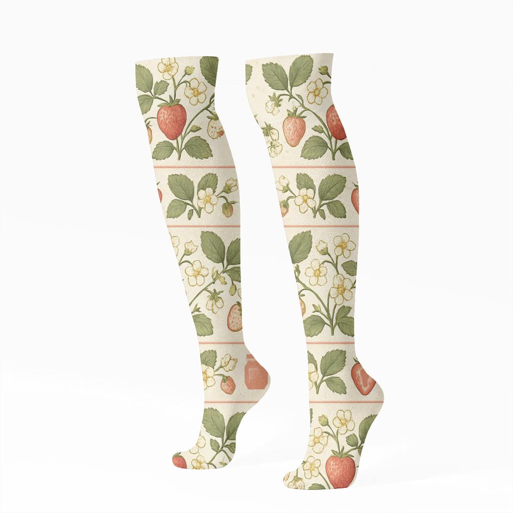Vintage Strawberry Field Ribbon Bands On Ivory Background custom knee-high socks