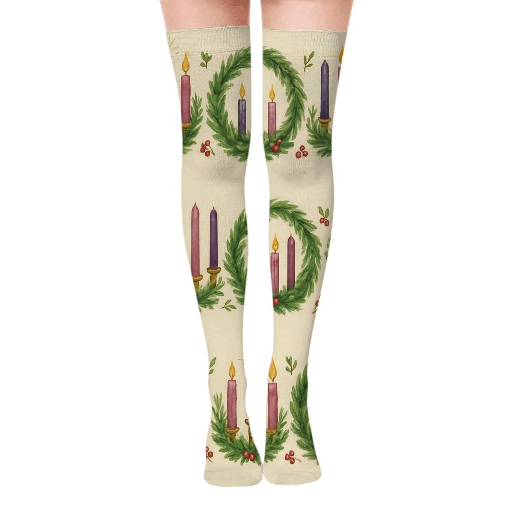 Wreath Band Advent Candles Pattern Study soft everyday over-the-knee socks