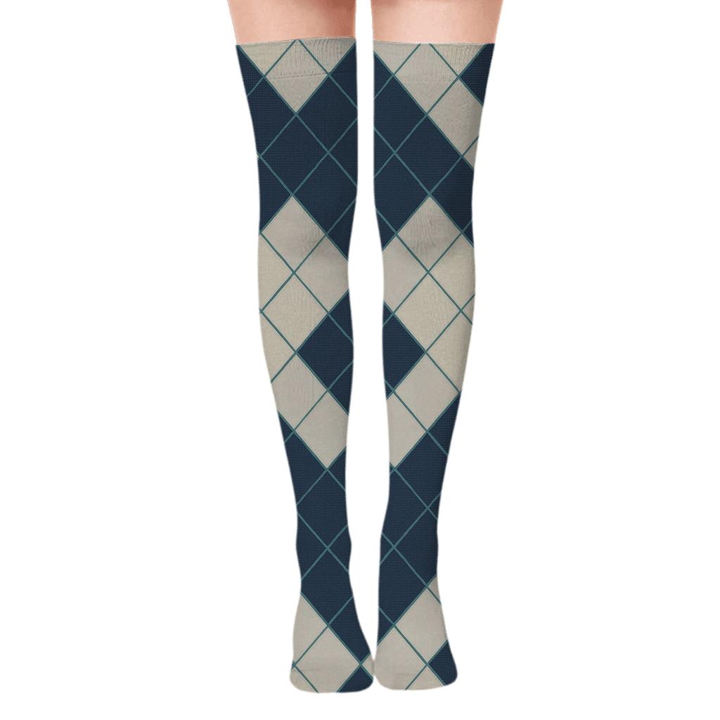 Navy And Ivory Diagonal Diamond Check With Micro Herringbone Tiles soft everyday over-the-knee socks