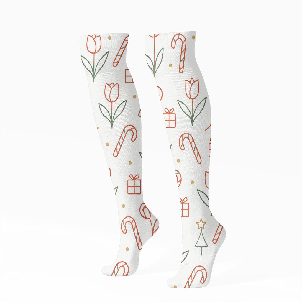 Minimal Line Tulip Candy Cane Grid comfortable cotton knee-high socks