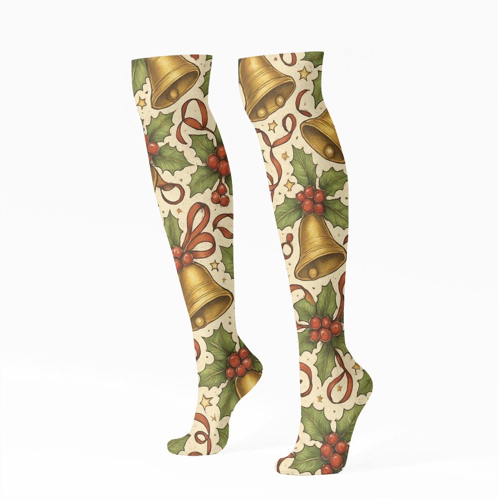 Christmas Bells And Holly Collage Tiles In Warm Gold personalized knee-high socks