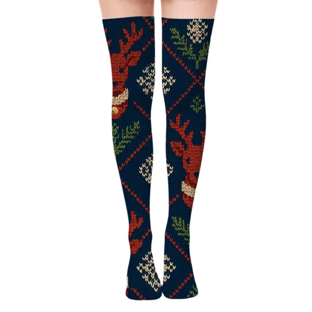 Knitted Fair Isle Holiday Reindeer Lattice comfortable cotton over-the-knee socks