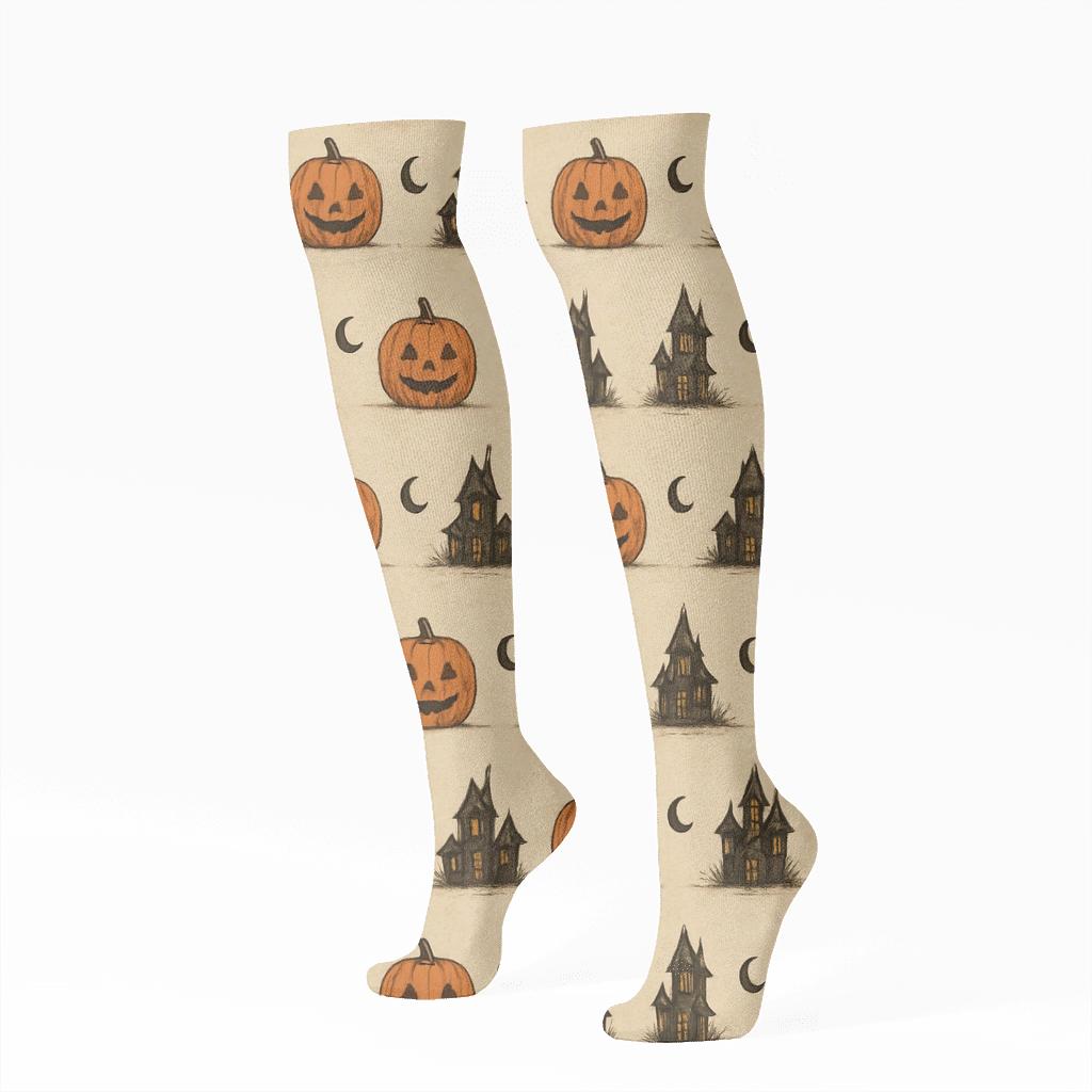Haunted House Silhouette Border Stripes On Proper Neutral Background soft everyday knee-high socks