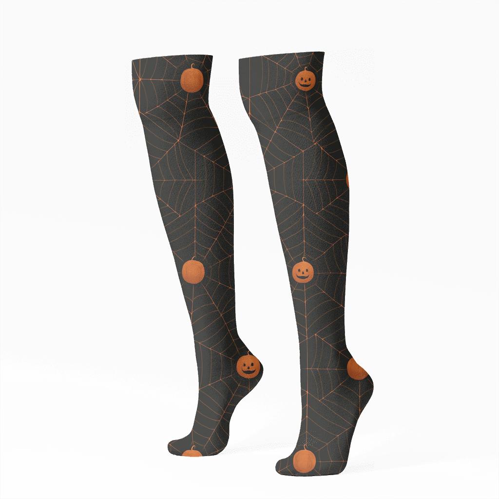 Spider Web Overlay With Pumpkin Dots On Black Background stylish athletic knee-high socks