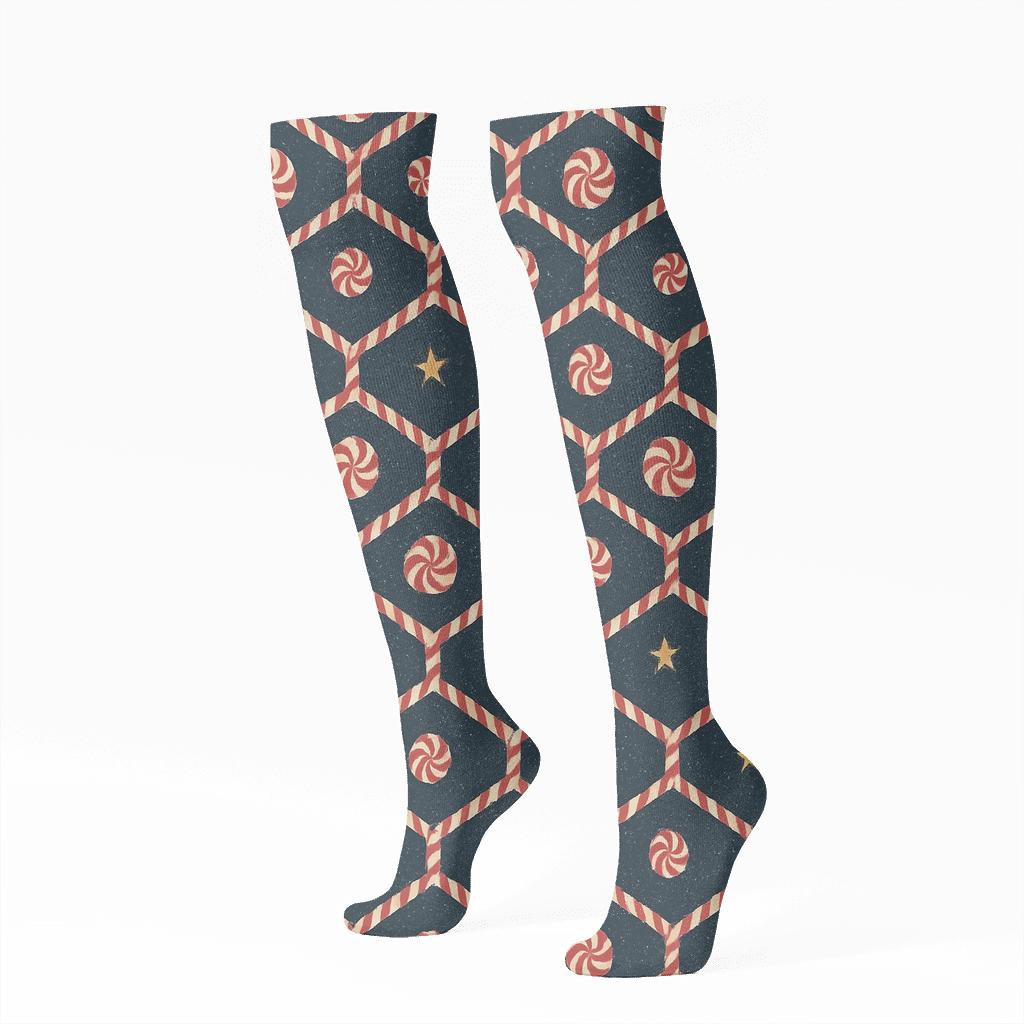 Candy Cane Lattice With Candy Canes Micro Texture On Navy unique graphic knee-high socks